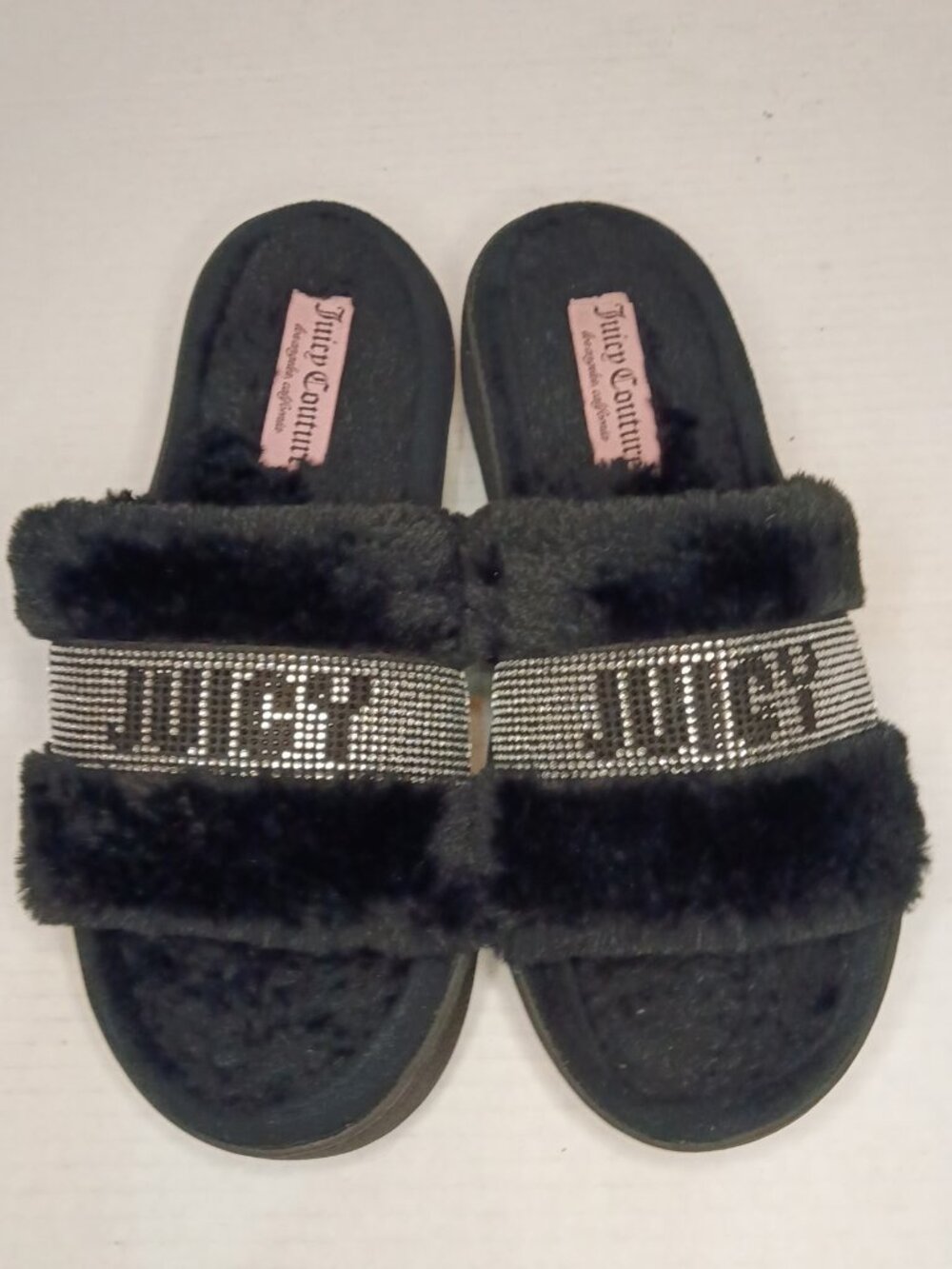 Juicy Couture Black Y2K Faux Fur Rhinestone Logo Slippers Women’s Size L 9-10